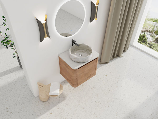 English Elm 24'' Wall-Mounted Bathroom Vanity With Ceramic Vessel Sink, Soft-Close Door & Space-Saving Design W999S00394
