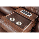 English Elm Achern Brown Leather-Air Nailhead Manual Reclining Sofa With Storage Console and Usb Port