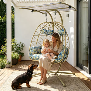 English Elm 2-person Wicker Egg Swing Chair with Canopy Stand Cushions Outdoor Patio Lounge T5880P502249