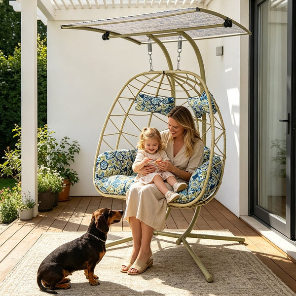 English Elm 2-person Wicker Egg Swing Chair with Canopy Stand Cushions Outdoor Patio Lounge T5880P502249