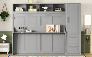 English Elm Queen Murphy Wall Bed with Integrated Wardrobe and Drawers for Studio or Guest Room Gray LP000793AAE-2