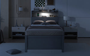 English Elm Twin LED Platform Bed with Trundle and Under-Storage Drawers, Flip-Up Headboard, USB Ports Gray N820S10008E