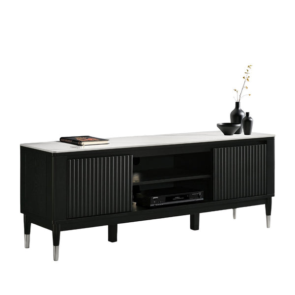 English Elm Contemporary Maidstone TV Console with Sintered Stone Top, Silver-Capped Arrow Legs, Open Storage Black,White 75 L x 21 W x 24 H B2741P402568