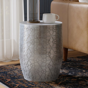 English Elm Johnsen Antique Silver 15" Geometric Pattern Accent Table – Handcrafted Iron, Etched Art Deco Design B136P361860