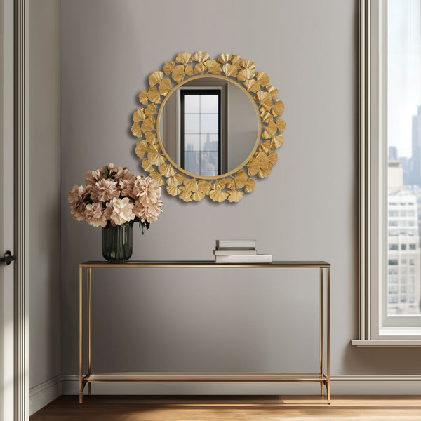 JLA Home Martha Stewart - Gingko Sculptural Leaf Round Wall Mirror 30.5" — Metallic Iron Frame, MDF Backing, Pre-Hung Elegance MT160-0021