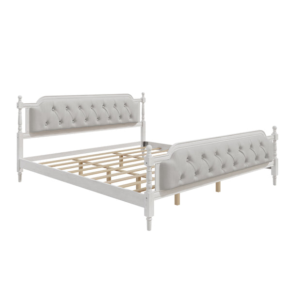 English Elm Traditional Solid Wood Bed Frame with Tufted Upholstered Headboard, No Box Spring Needed, Sturdy 400 lb Capacity Antique White 83.5 L x 22.25 W x 10.4 H N701P242572K