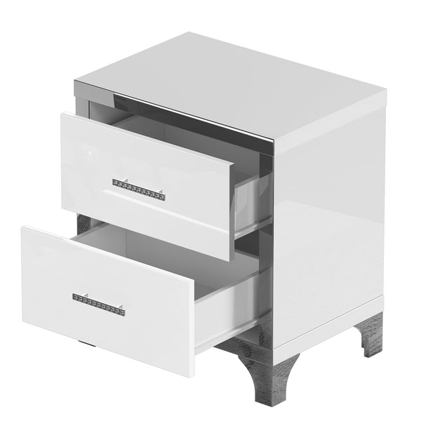 English Elm High Gloss Mirrored 2 Drawer Nightstand Slim Metal Legs Modern Bedroom Side Table White W5271P416521