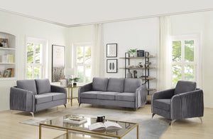English Elm Hadriano Channel Quilted Velvet Loveseat with Chrome Legs for Glam Living Rooms Gray B2749P413389