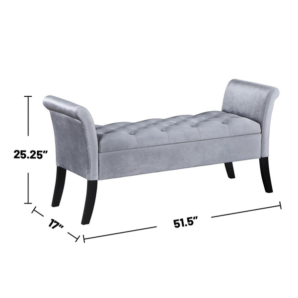 English Elm Velvet Upholstered Storage Bench with Button Tufting, Flared Arms and Wooden Legs, Luxe Hidden Storage Silver B016P383445