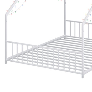 English Elm Full Full-size children's bed frame with LED roof design, white iron house-style frame, sturdy 350lb capacity W1820P356060