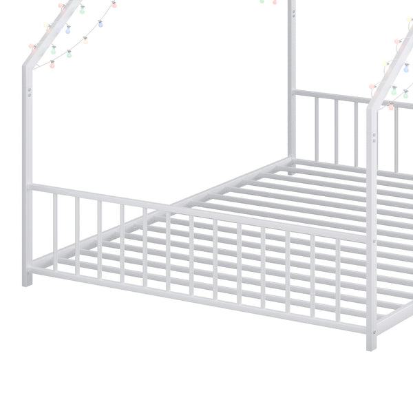 English Elm Full Full-size children's bed frame with LED roof design, white iron house-style frame, sturdy 350lb capacity W1820P356060