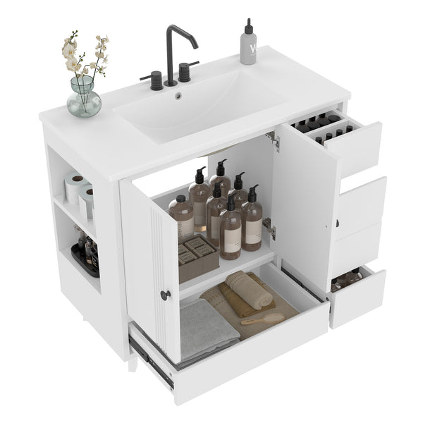 English Elm 36" Freestanding Bathroom Vanity Solid Wood Cabinet Ceramic Basin Four Drawers White W1580P382510
