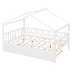 English Elm Full Size Pine House Bed with Roofline Frame and Roll Out Twin Trundle for Kids LP100306AAK