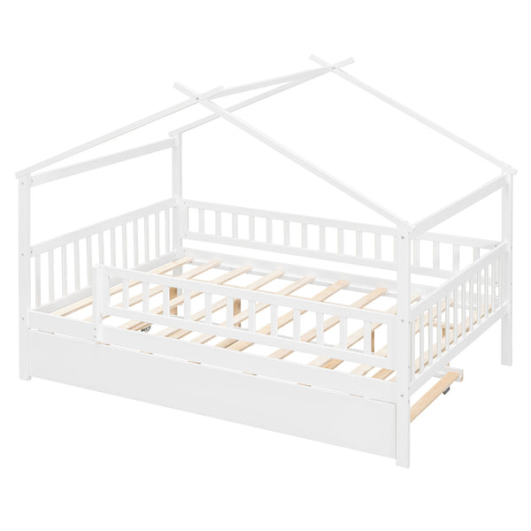 English Elm Full Size Pine House Bed with Roofline Frame and Roll Out Twin Trundle for Kids LP100306AAK