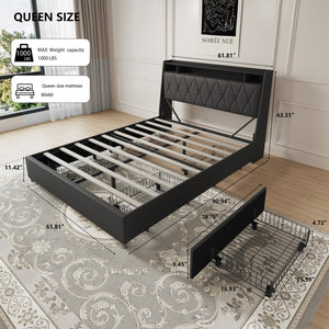 English Elm Queen Ergonomic Headboard Bed Frame with Built-In Charger & Outlets, Metal Platform with Shelf Black W3107P262752