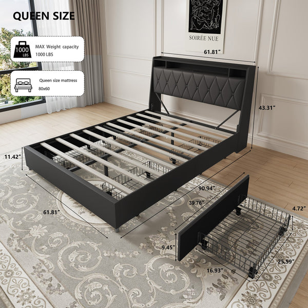 English Elm Queen Ergonomic Headboard Bed Frame with Built-In Charger & Outlets, Metal Platform with Shelf Black W3107P262752