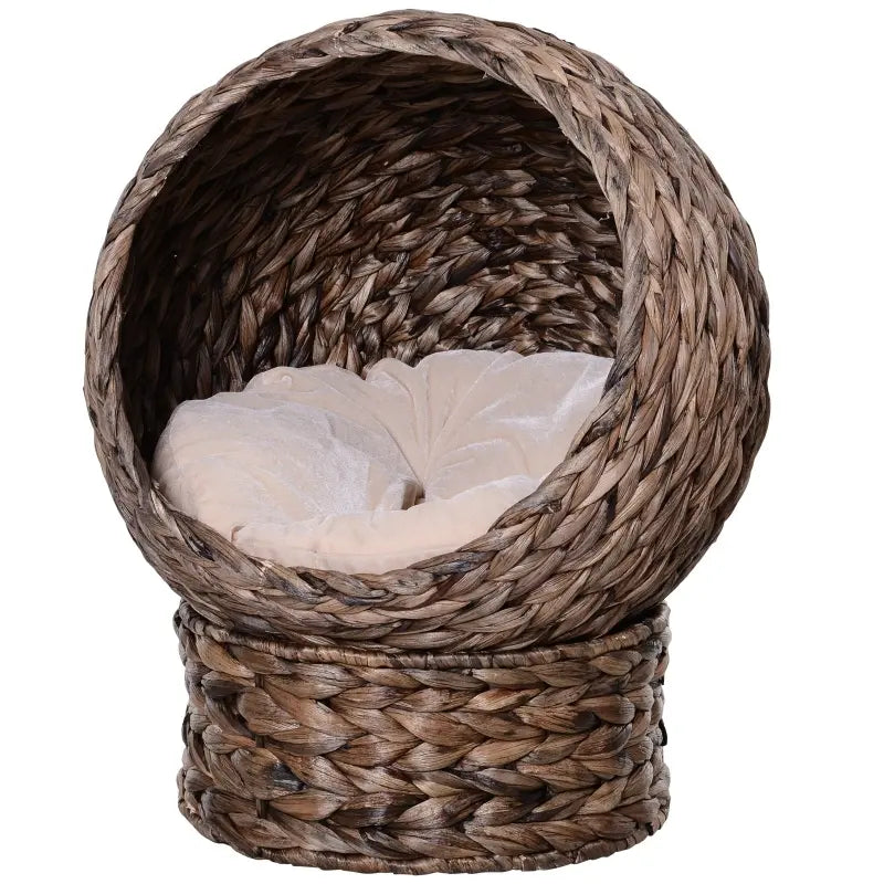 English Elm Basket Weave Cat Bed Elevated Water Hyacinth Woven Bohemian Nest with Flannel Cushion T3971P437395