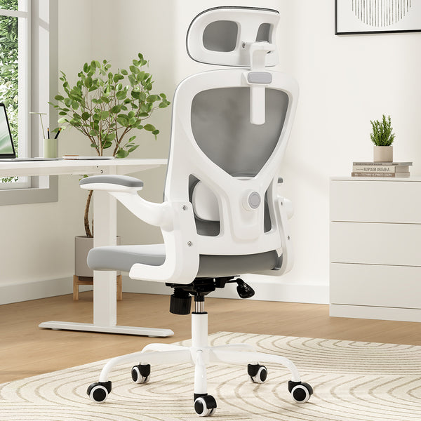 English Elm Ergonomic Office chair with adjustable headrest and lumbar support, breathable mesh, space-saving design Gray,White T3623P368561