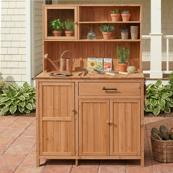 English Elm (with Hutch) Topamx Solid Fir Potting Bench Patio Workstation Spice Rack Drawer Natural N717P404330A