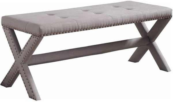 English Elm Glam Button Tufted Upholstered Bench with Nailhead Trim and X Trestle Legs Gray B011P450617