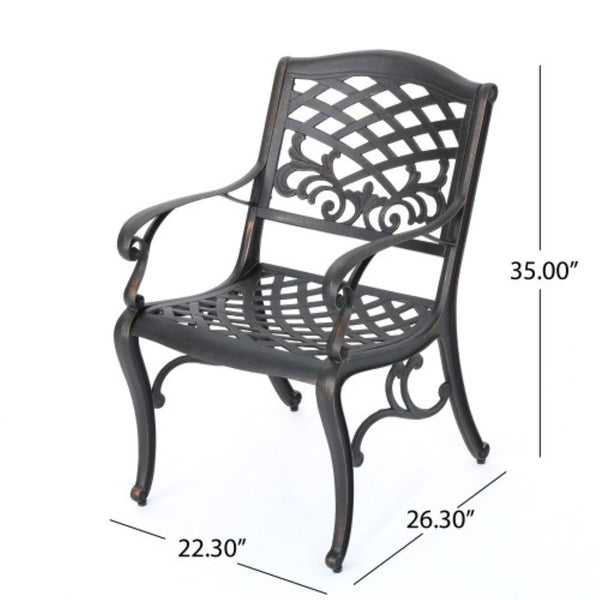 English Elm Phoenix Cast Aluminum Outdoor Dining Arm Chairs Ornate Lattice Scroll Garden Patio Set Copper N776P381164C