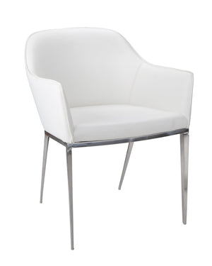 Sunpan STANIS Armchair - Modern White Faux Leather Dining Chair with Polished Steel Legs for Comfort 13026