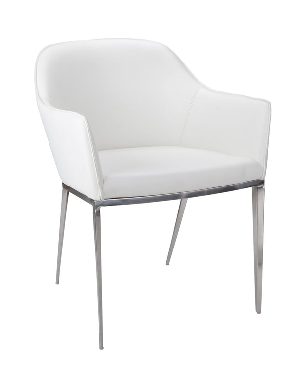 Sunpan STANIS Armchair - Modern White Faux Leather Dining Chair with Polished Steel Legs for Comfort 13026