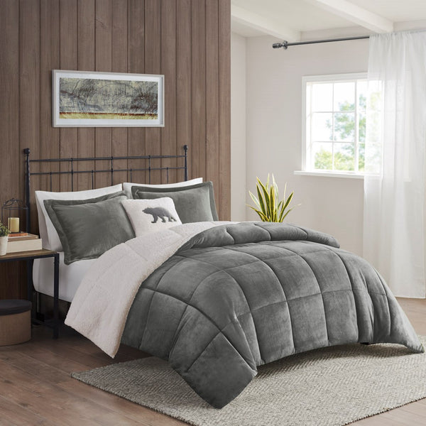 English Elm Full/Queen Alton Plush to Sherpa Comforter Set with Hypoallergenic Down Alternative Fill, Cozy Cabin Retreat Charcoal+Ivory 22.44 L x 20.87 W x 13.39 H B035100495