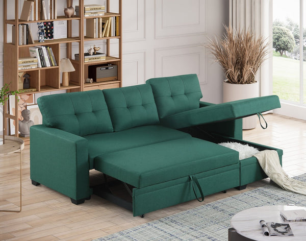English Elm Convertible Upholstered Sectional Sofa with Pull-out Chaise Sleeper and Storage Green B2730S00004