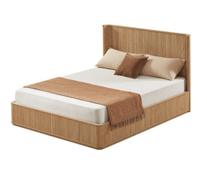 English Elm Natural Fluted Wood Platform Bed Minimalist Queen Frame with Tall Curved Headboard Oak W5219S00004
