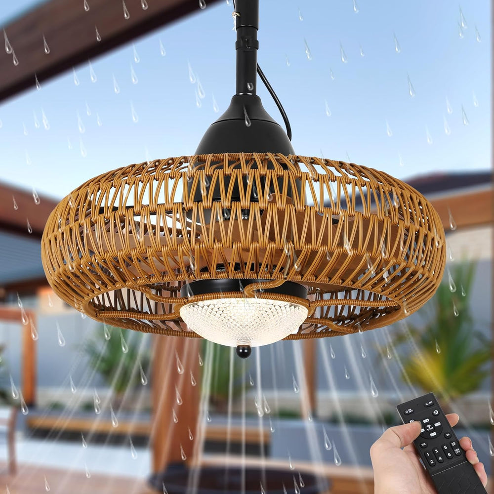 English Elm Waterproof Outdoor Ceiling Fan with Lights Remote Control, Brown Iron+Plastic, Dimmable LED, 6-Speed W2738P242334
