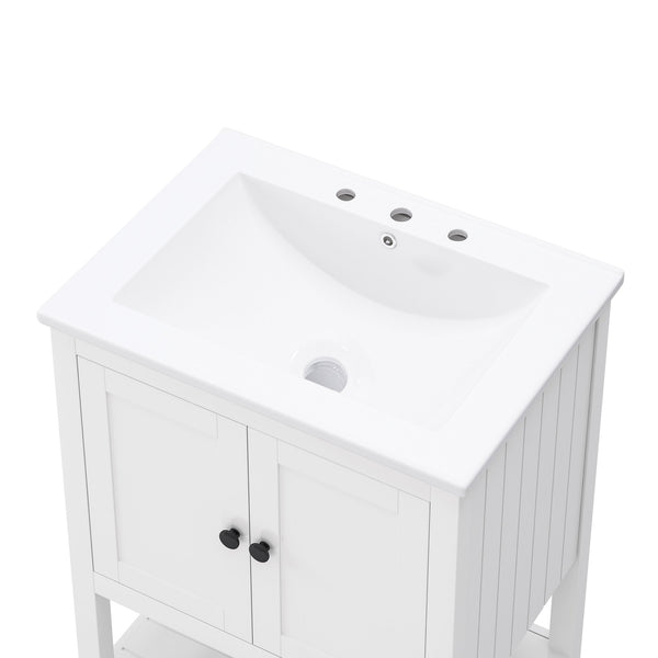 English Elm 24" Morandi White Bathroom Vanity with Ceramic Sink, Solid Wood Frame & Open Shelf, Modern Elegance N725P189823K