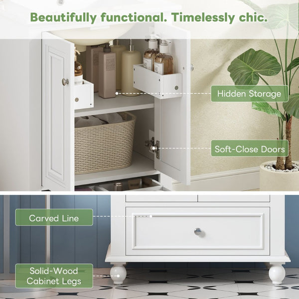 English Elm 24'' French Style Bathroom Vanity with Ceramic Sink Soft Close Cabinet and Drawer White N710P411227K