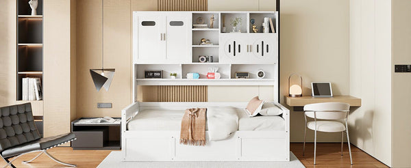 English Elm Twin Size Wooden Daybed With Hydraulic Lift & Integrated Cabinet For Smart Space-Saving Solutions N820S00046K-GIGA