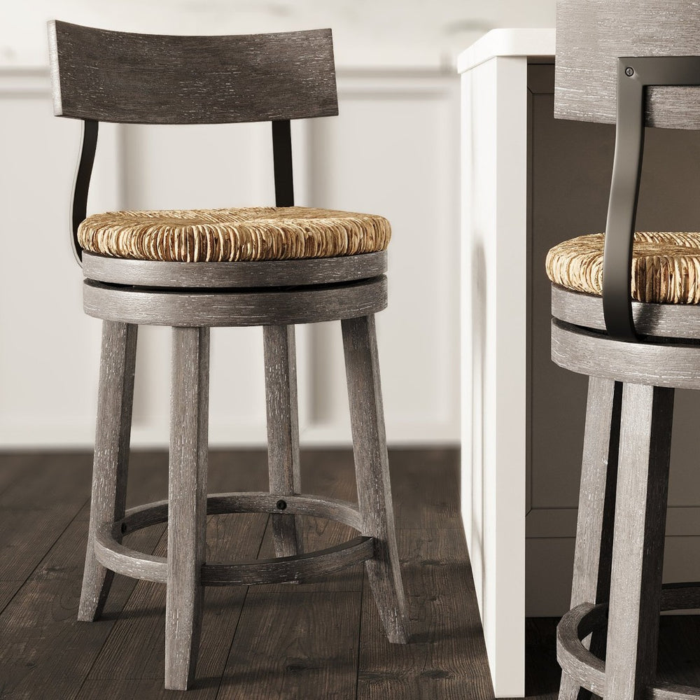 English Elm 26" Reclaimed Wood Swivel Counter Stool with Seagrass Seat for Kitchen Island Gray B2751P436448