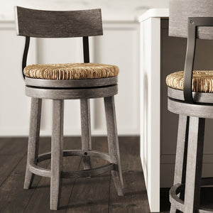 English Elm 26" Reclaimed Wood Swivel Counter Stool with Seagrass Seat for Kitchen Island Gray B2751P436448