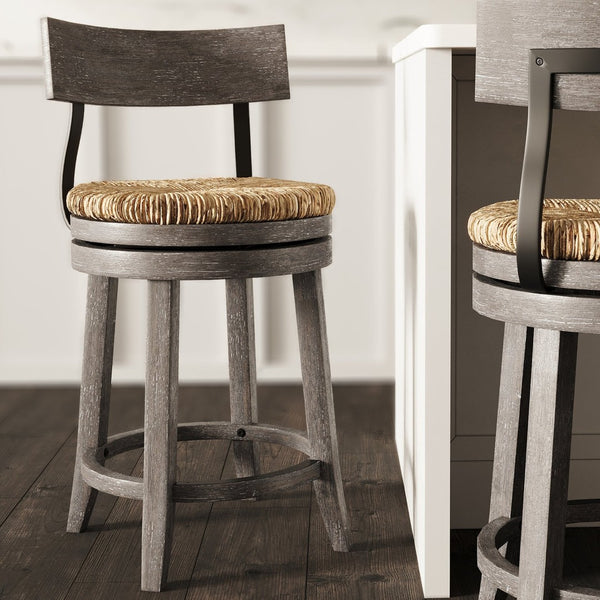 English Elm 26" Reclaimed Wood Swivel Counter Stool with Seagrass Seat for Kitchen Island Gray B2751P436448