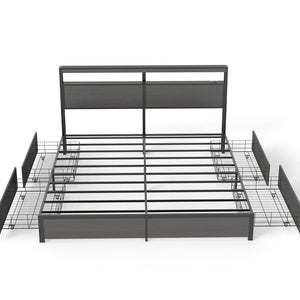 English Elm Queen Metal Platform Bed with Rgb Led Headboard Charging Station and Underbed Storage T3963P483004