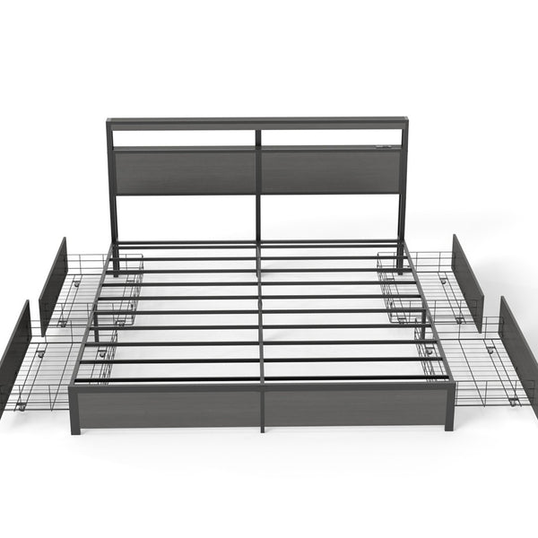 English Elm Queen Metal Platform Bed with Rgb Led Headboard Charging Station and Underbed Storage T3963P483004