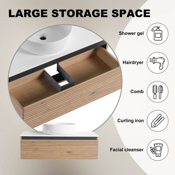 English Elm 36'' Floating Wall Mounted Vanity Plywood Cabinet with Ceramic Vessel Sink Soft Close Drawer W999S00362