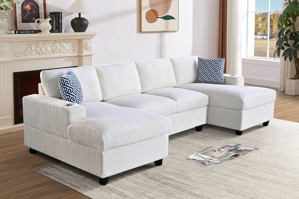English Elm Multifunctional Corduroy Modular Sectional with Dual Chaise Cup Holders Living Room Beige B2730S00070
