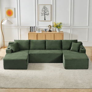 English Elm Compressible Modular U-shaped Cloud Sofa Corduroy Sectional for Spacious Living Rooms Green W2339S00150