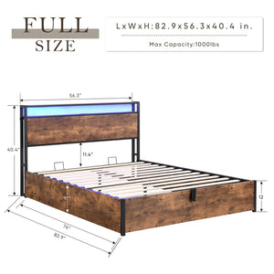 English Elm Lift-Up Storage Bed Frame: Full-Sized Platform Bed With Led Lights, Charging Station & Rustic Brown Finish W1916P184709