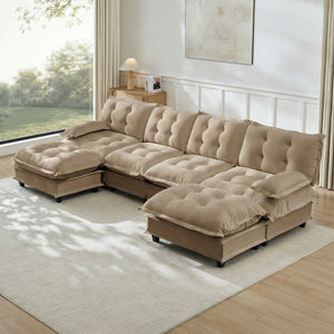 English Elm 138" U-shaped Chenille Cloud Sectional with Ottomans Deep Seat Modular Living Room Sofa Light Coffee W714S01716
