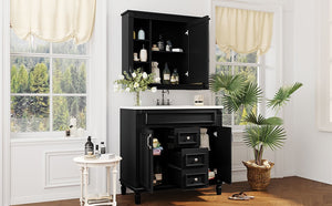 English Elm 36'' Bathroom Vanity with Sink and Mirror Cabinet, Modern MDF & Solid Wood Design, Ceramic Top, Soft-Close Doors Black SW000115AAB-1
