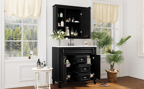 English Elm 36'' Bathroom Vanity with Sink and Mirror Cabinet, Modern MDF & Solid Wood Design, Ceramic Top, Soft-Close Doors Black SW000115AAB-1