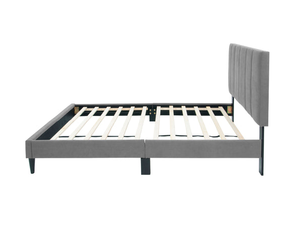English Elm Twin Brushed Linen Bed with Adjustable Channel Tufted Headboard, 3" Lift, 12-Slat Support for Luxe Comfort Gray 45 L x 30 W x 5 H B089P240521