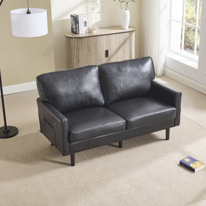 English Elm Loveseat Modern Mid-Century 2-Seater with USB Type-C Charging, Removable Zippered Covers, Sturdy Wood Legs Black PU W395P238820