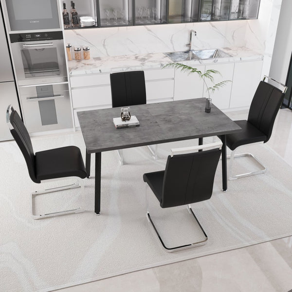 English Elm 55.12-70.87" Extendable Industrial Dining Set Faux Leather Chairs Mdf Top Seats Six Black+ Gray W2189S00909