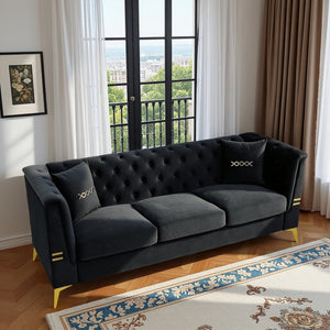 English Elm Fx-P83-Bk3 Modern Mid-Century 3-Seater Sofa With Gold Legs & Plush Faux Sherpa, Elegant Chesterfield Design W576S00217